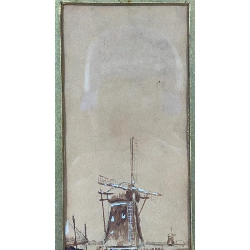 Antique Louis Apal Dutch Windmill Original Watercolor Gold Ornate Frame RARE
