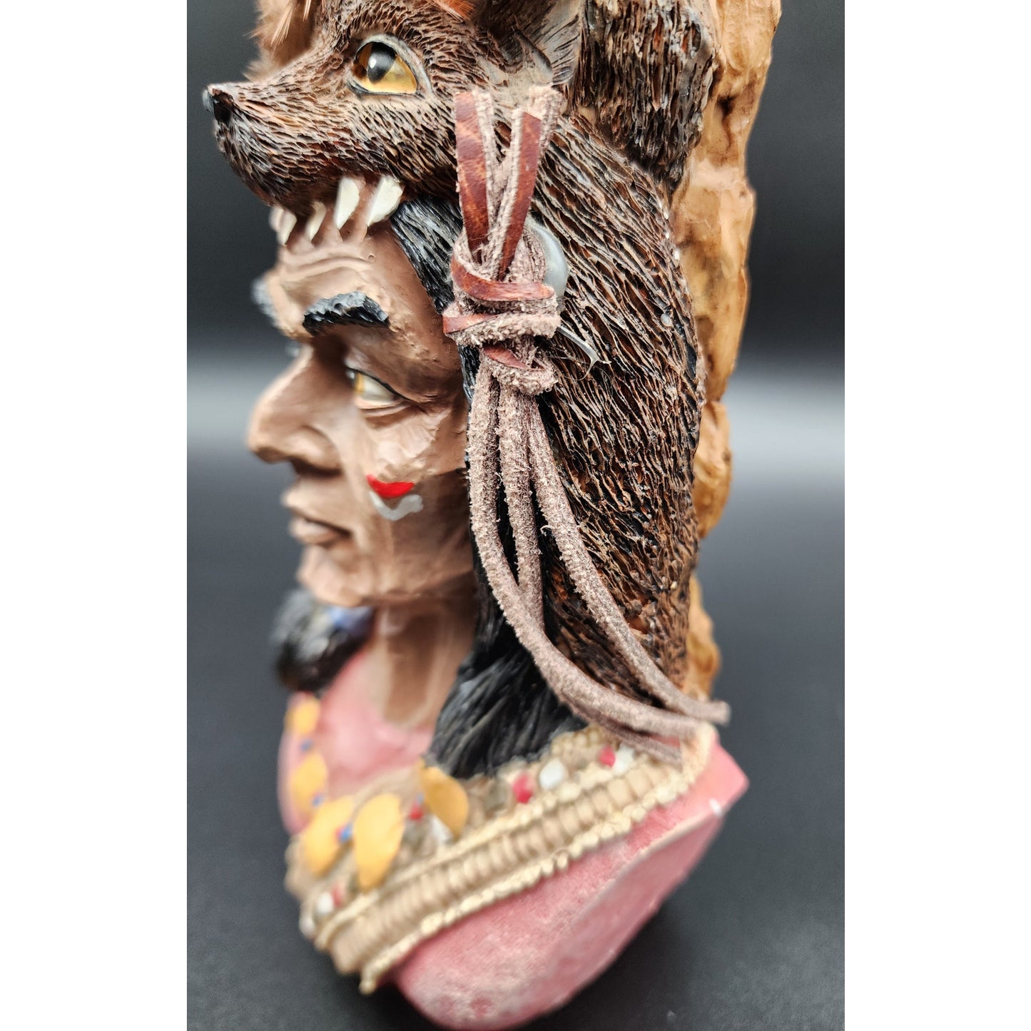 Native American Warrior Figurine w/ Wolf Fox Headdress Feathers Resin 10”