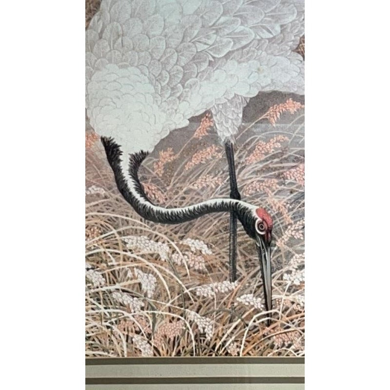 Vintage Japanese Crane Artwork Framed & Matted 33x39" Rice Field Scene