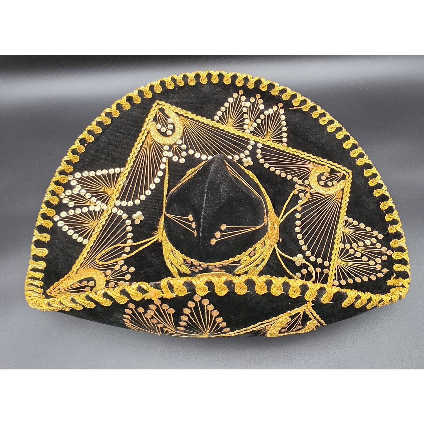 Authentic Vintage Mexican Sombrero Black Felt Gold Emb Sequin Detail 24x18x7.25
