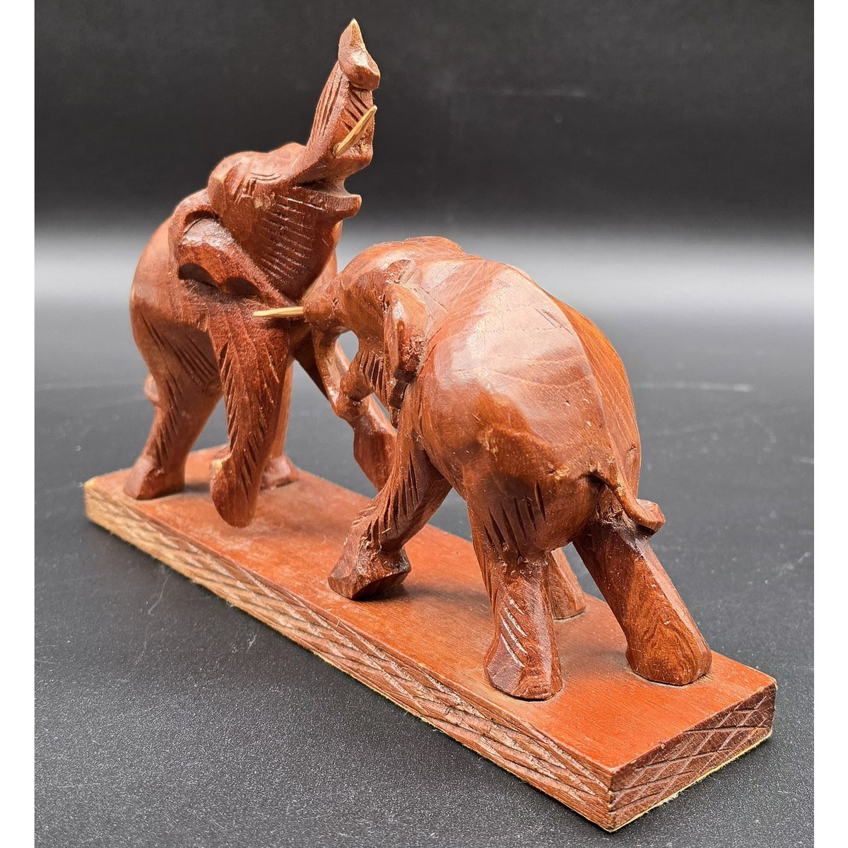 Vintage Hand Carved Wood Elephant Set Wall Hanging Plaque & Mantel Figurine Art