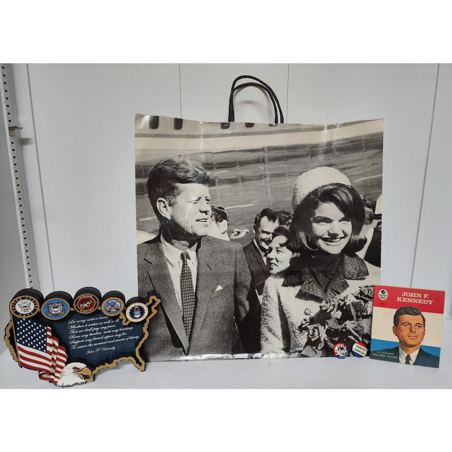 Vintage JFK Sixth Floor Museum Bag & Tribute Set w/ Plaque, Book & Buttons