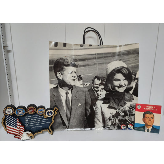 Vintage JFK Sixth Floor Museum Bag & Tribute Set w/ Plaque, Book & Buttons
