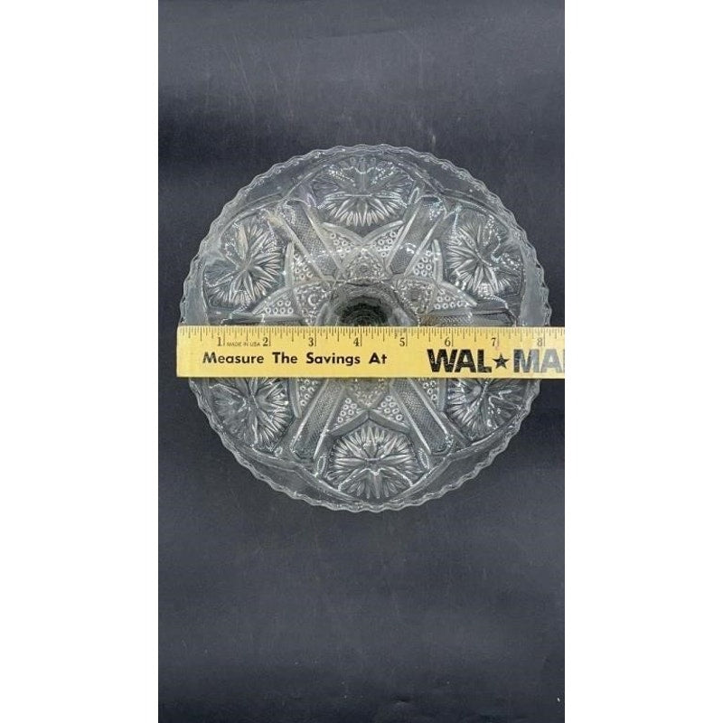 VTG Pressed Glass Pedestal Cake Stand 8.25" Scalloped Edge Starburst Design