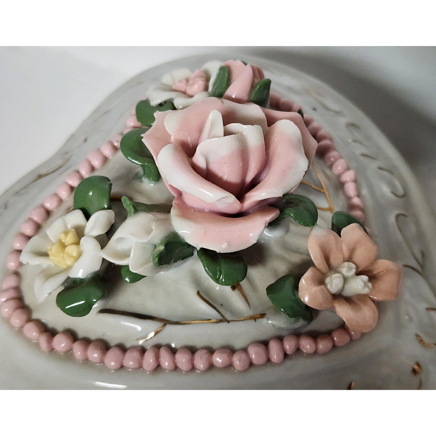 Vintage Porcelain Heart Trinket Box w/ Floral Bouquet & 22K Gold Detailing