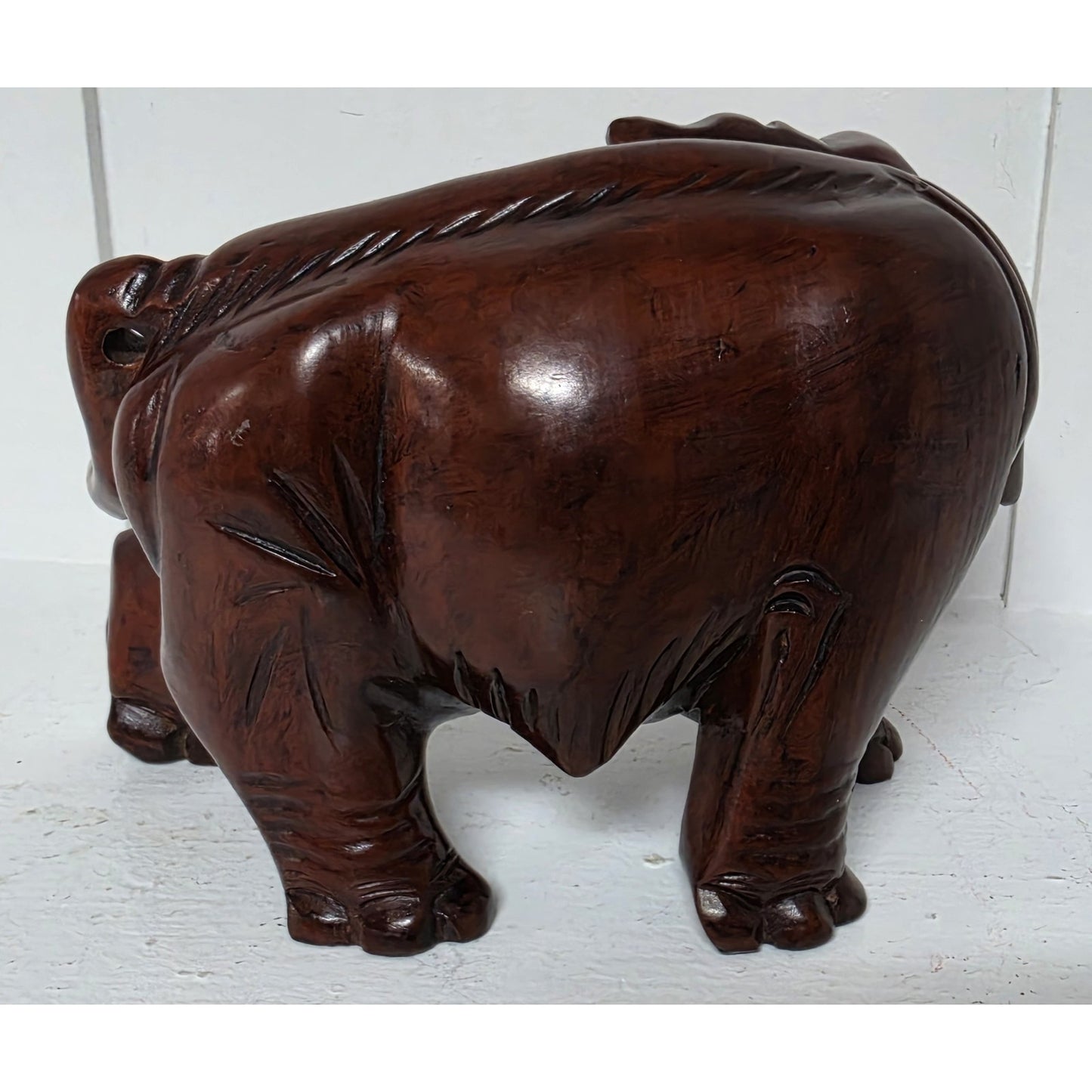 Vintage Hand‑Carved Mahogany Elephant Figurine 6" Wide Solid Wood Sculpture Nice
