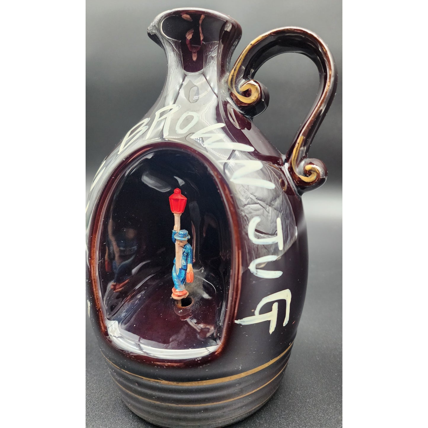 Vintage Little Brown Jug Music Box Japan Man & Lantern Rotating Figurine