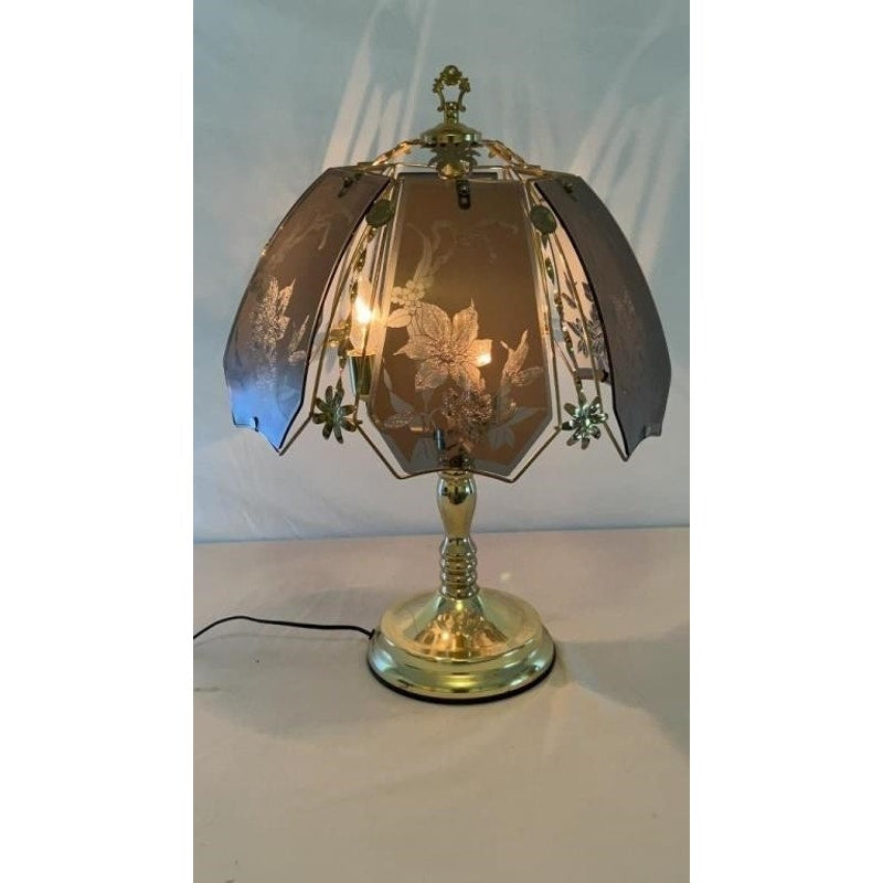 Vintage Brass Touch Table Lamp Etched Floral Glass Shade 3-Way Dimmable