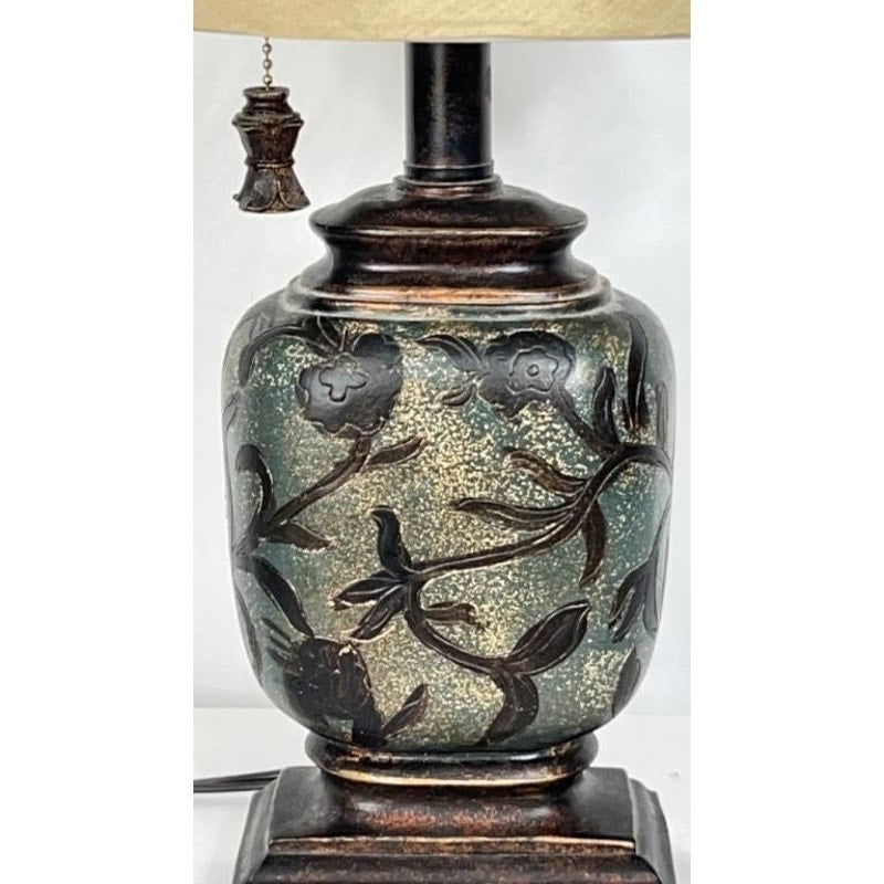 Vintage Ceramic Table Lamp Etched Floral w/ Shade & Ornate Pull Chain 18"
