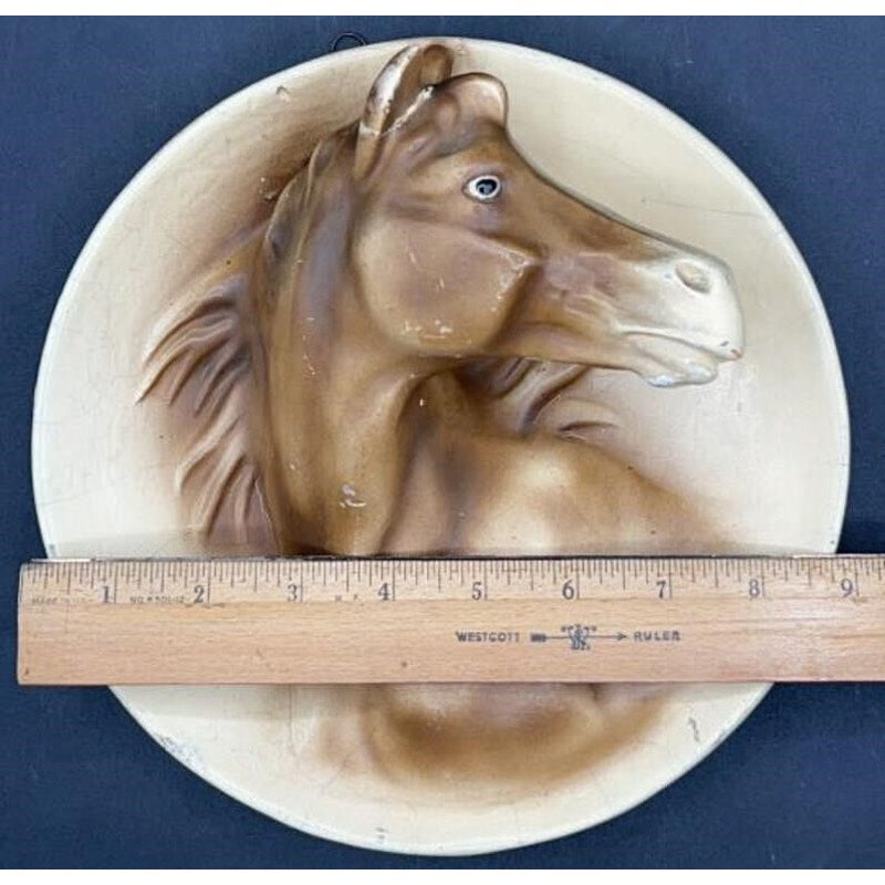Vintage Ceramic Horse Wall Plaque w/Wire Hanger, Restored Ear, 9″