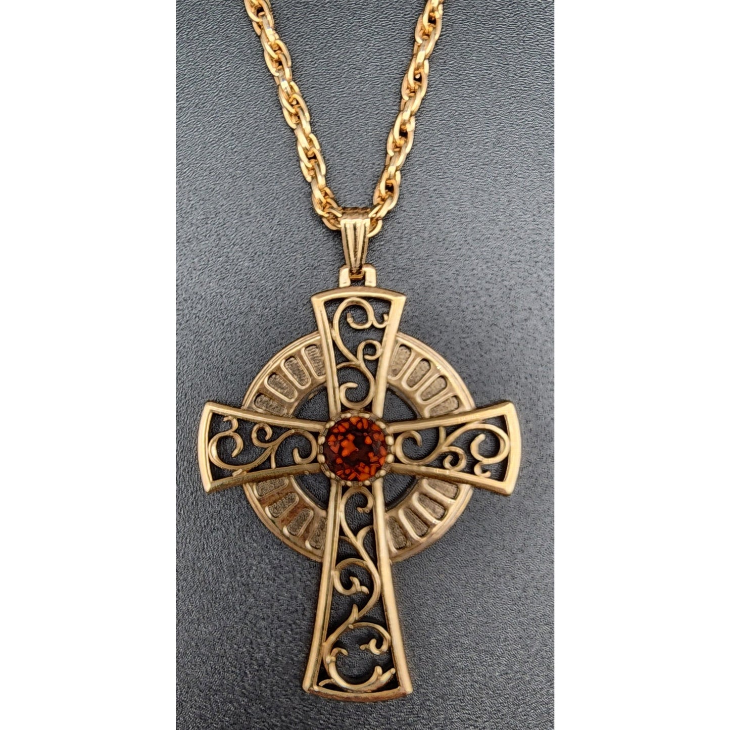 1979 Sarah Coventry Celtic Cross Necklace w/ Amber Gemstone – Limited Edition