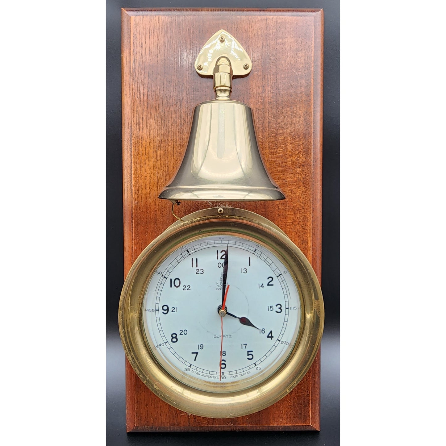 Vintage Dolphin Brass & Wood Mariner Wall Clock w/ Hourly Ship Bell Chimes