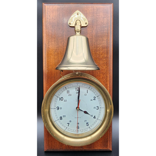 Vintage Dolphin Brass & Wood Mariner Wall Clock w/ Hourly Ship Bell Chimes