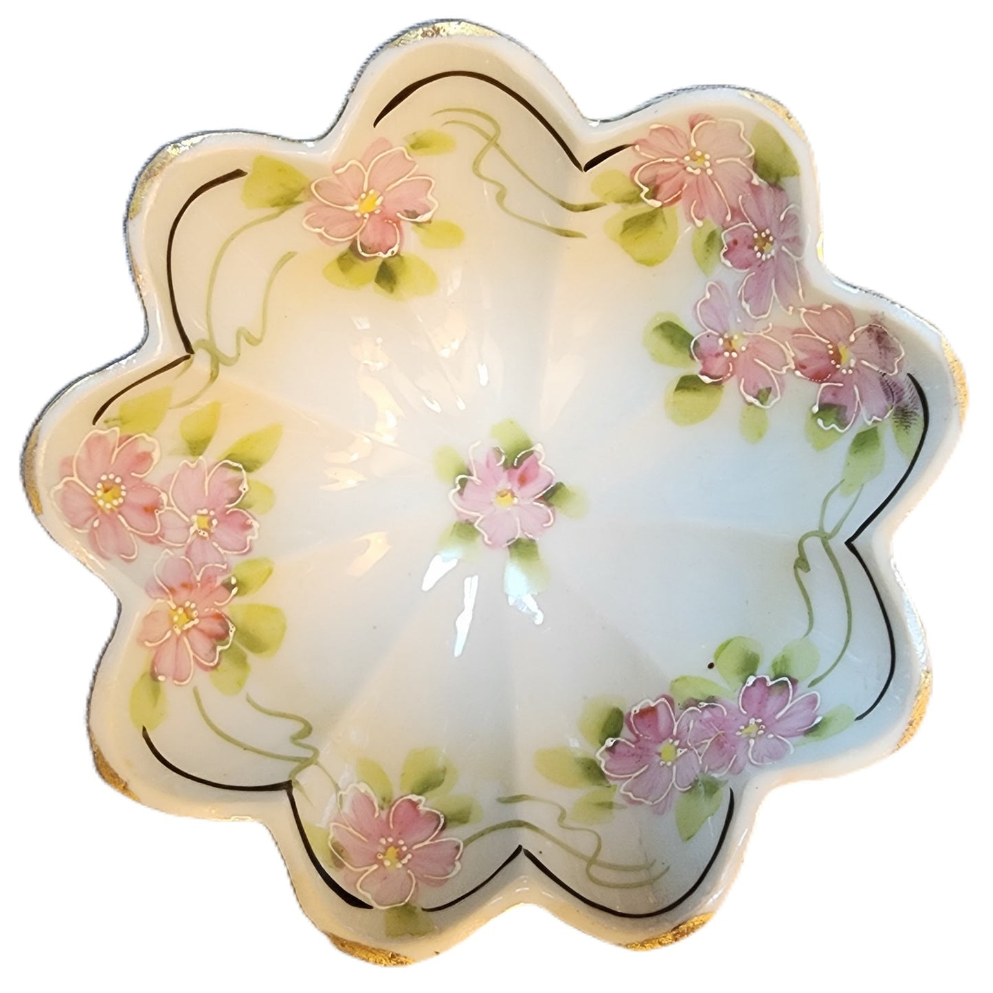 Vintage Japan Footed Dish Pink Floral Gold Gilt Scalloped Porcelain 5" Bowl