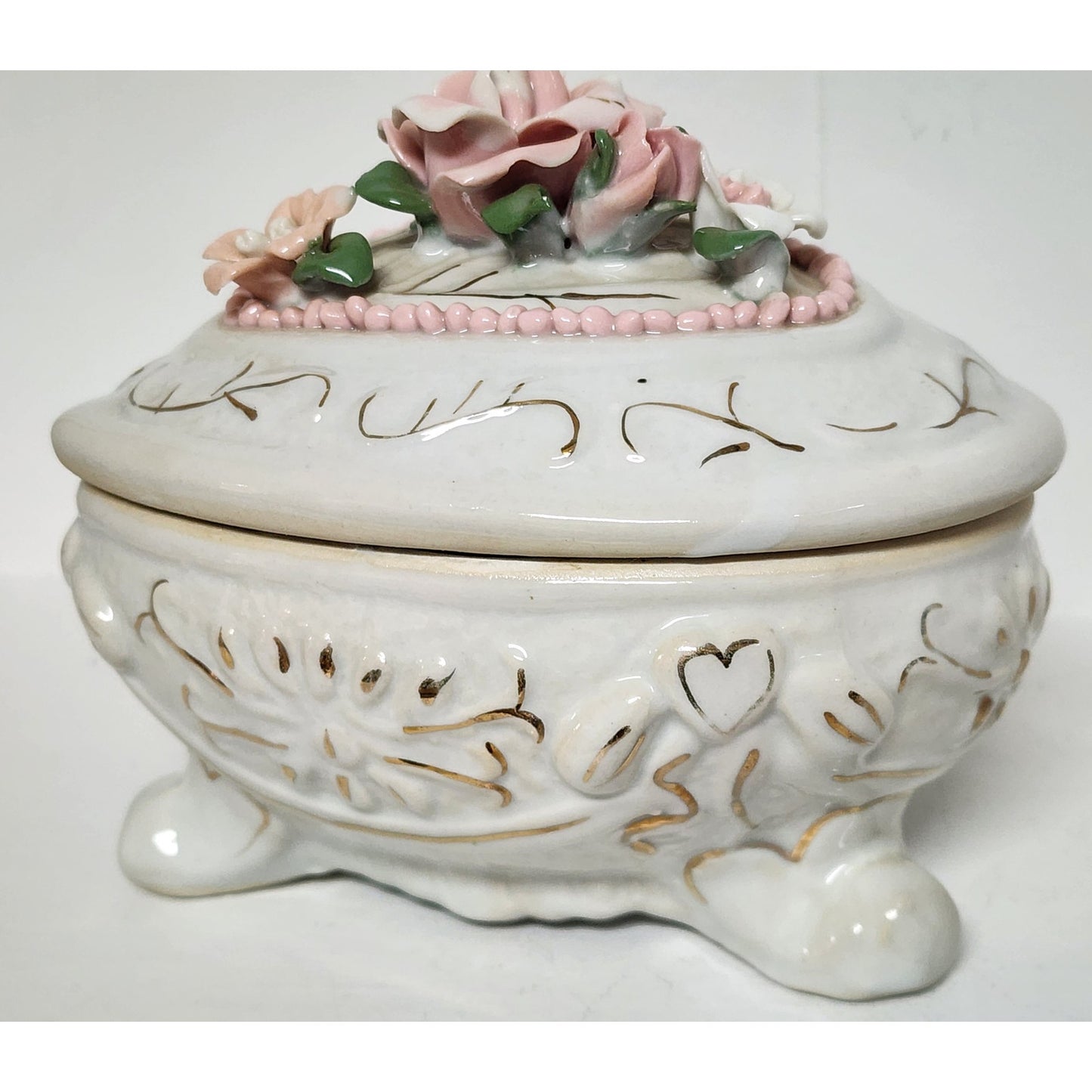 Vintage Porcelain Heart Trinket Box w/ Floral Bouquet & 22K Gold Detailing