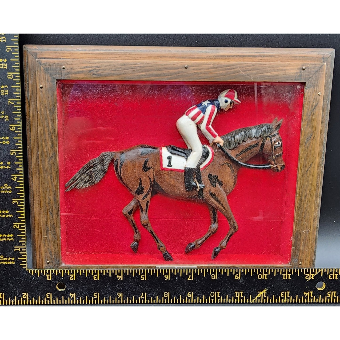 Vintage Bud Ware Racing Colours Hand Carved Horse & Jockey Shadowbox Wood Art