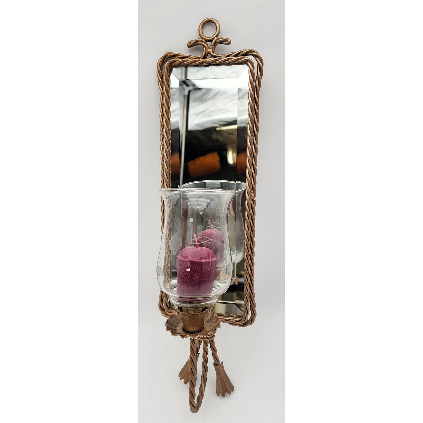 Antique Gold Wall Mirror Candle Holder – Etched Glass Hurricane w/ Purple Candle
