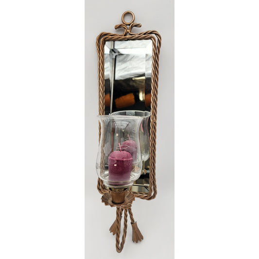 Antique Gold Wall Mirror Candle Holder – Etched Glass Hurricane w/ Purple Candle