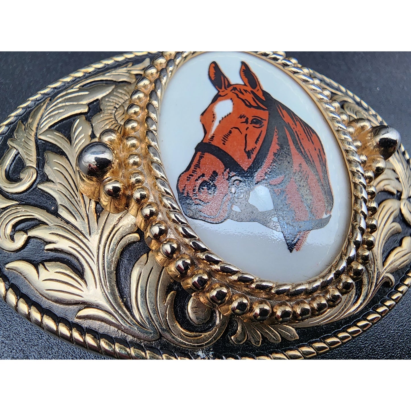 Vintage Brass Horse Head Belt Buckle with Porcelain Cameo 3.25" Western
