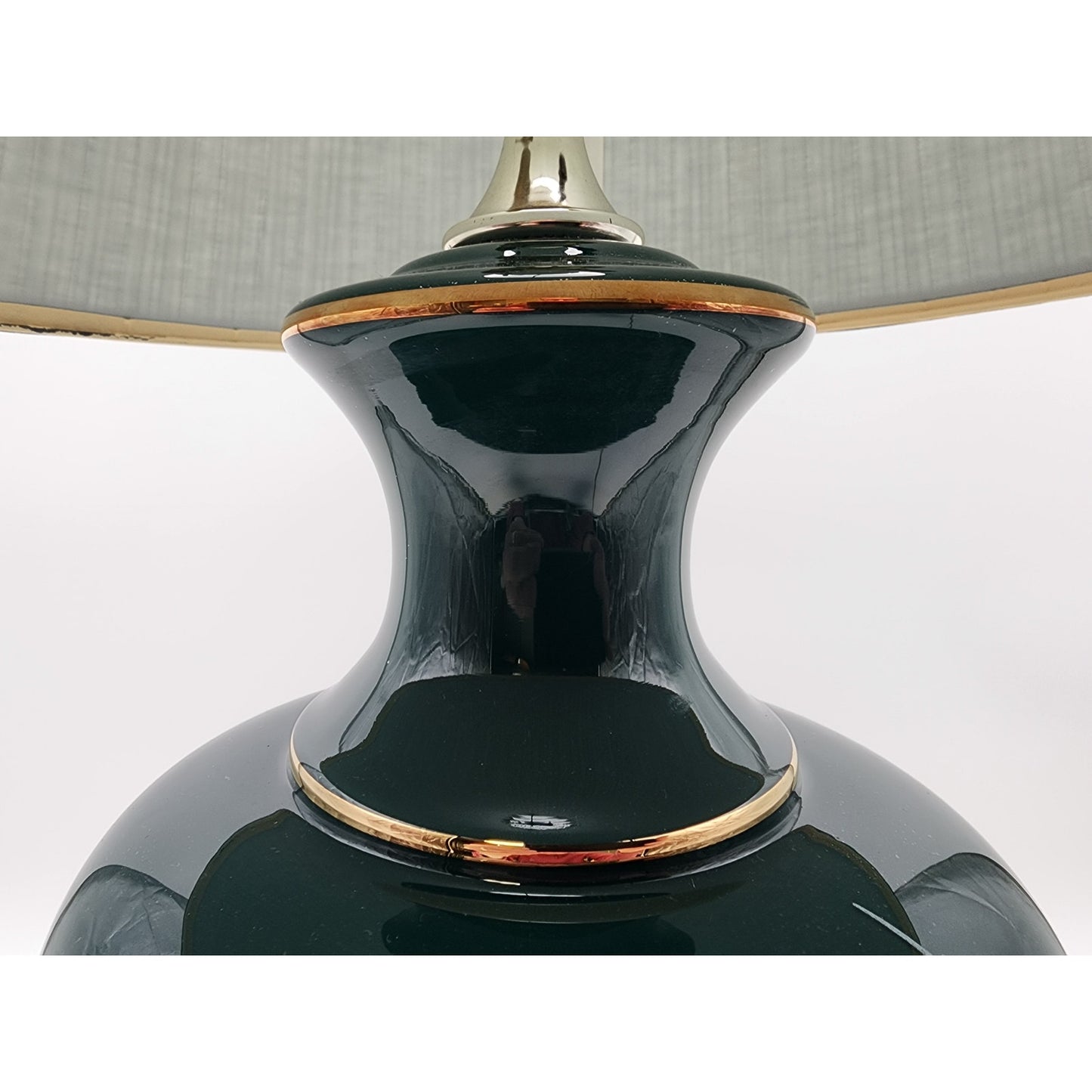 Vintage Forest Green Ceramic Lamp & Shade 30.25"H w/22K Gold Floral 3Way Switch
