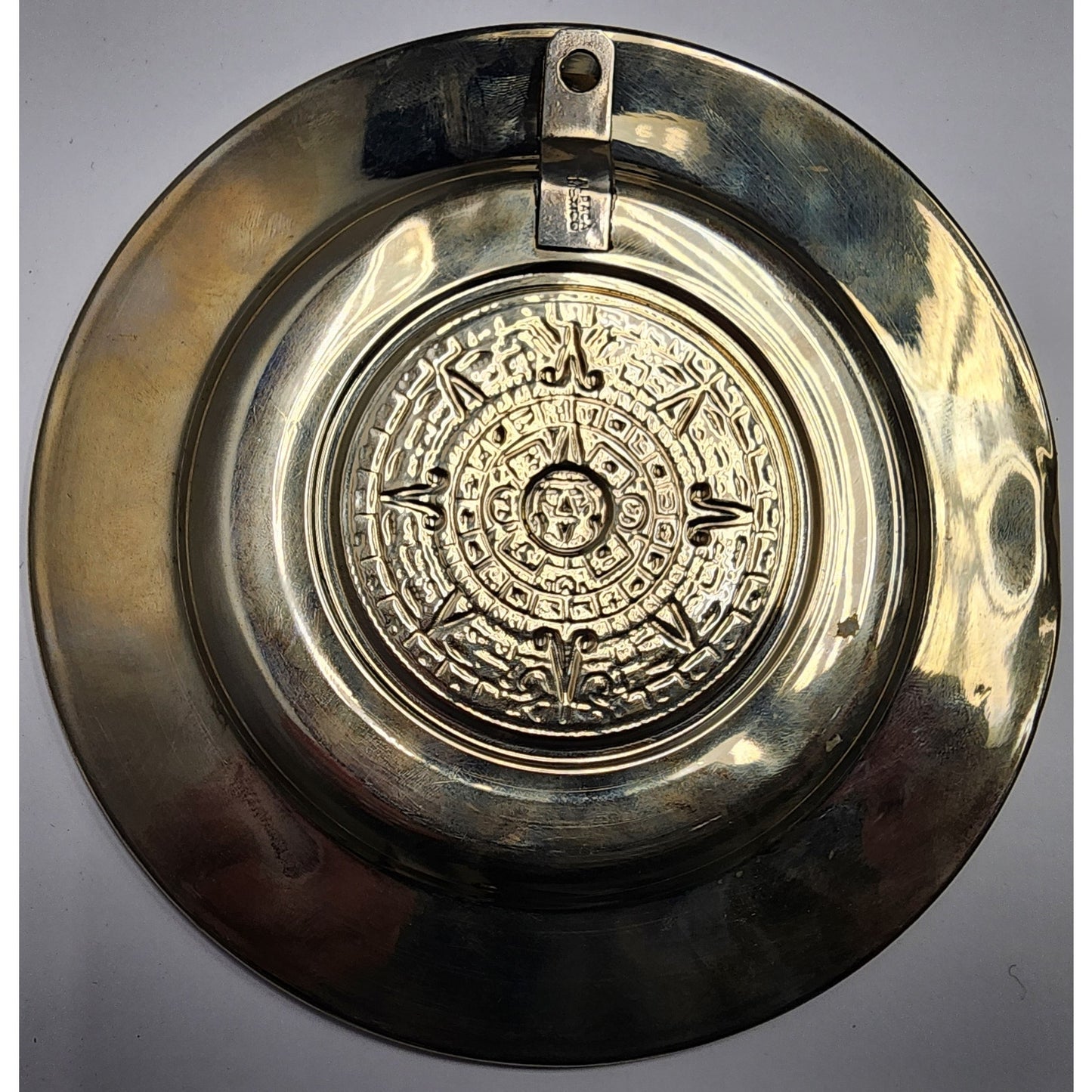 Vintage Mayan Calendar Plate – Alpaca Silver & Abalone Shell – Mexico Aztec Art
