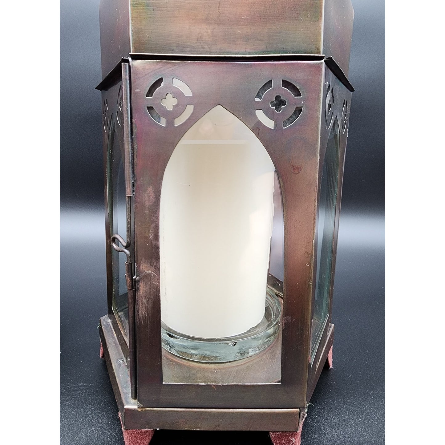 Pair Bronze Hexagon Metal Candle Lanterns w/ Glass Panels & Candles 18.5"