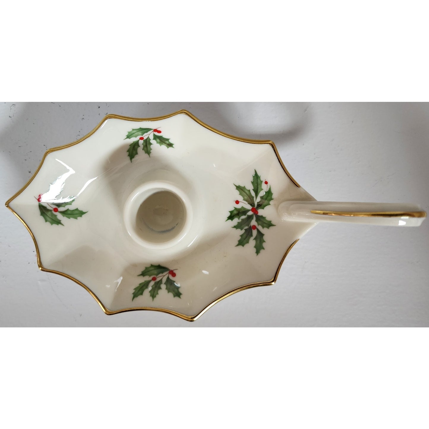 Lenox Holiday Candle Holder Ivory Porcelain 24K Gold Rim Holly Berry Design