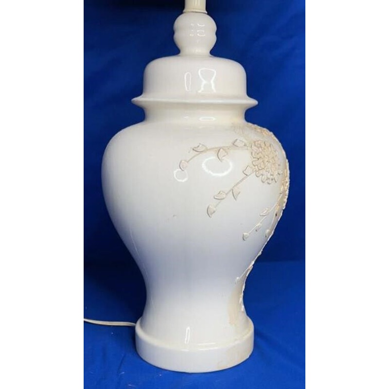 Vintage Ginger Jar Table Lamp w/ Floral Relief & Square Shade 28" Tall Works