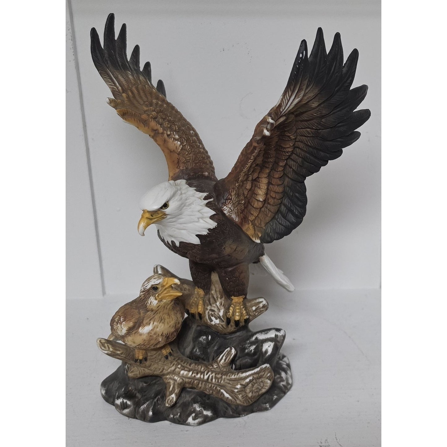 Vintage Taiwan Hand Painted Eagle & Fledgling Porcelain Figurine 8.5"