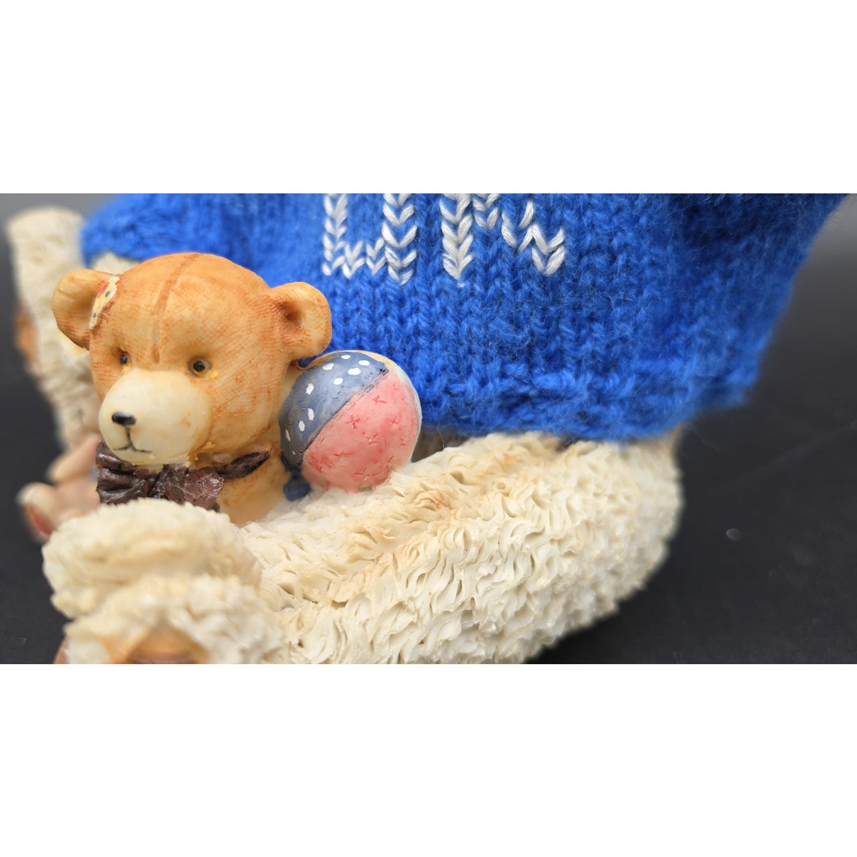Vintage UK Bear Figurine Knit Royal Blue Sweater Cross Stitch UK Basketballs 8"