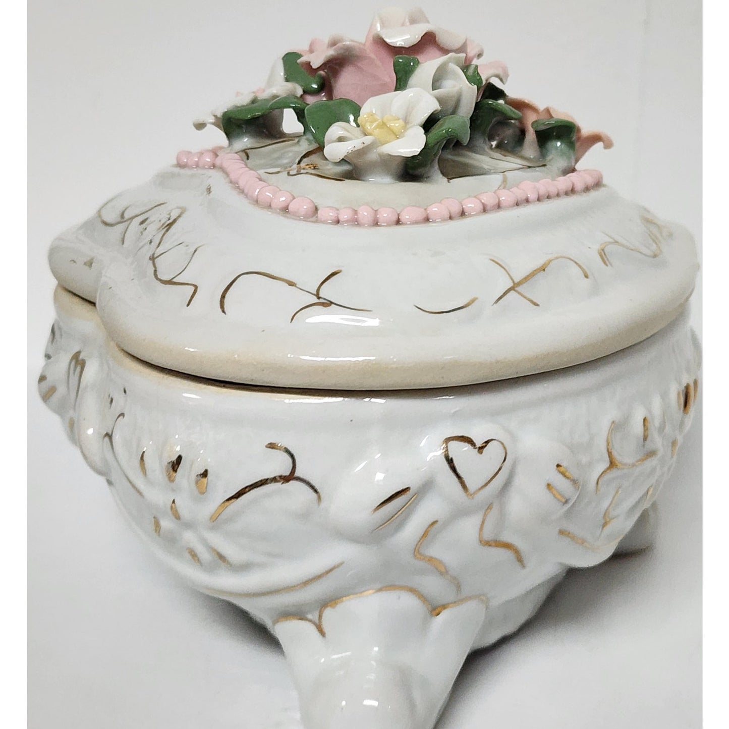 Vintage Porcelain Heart Trinket Box w/ Floral Bouquet & 22K Gold Detailing