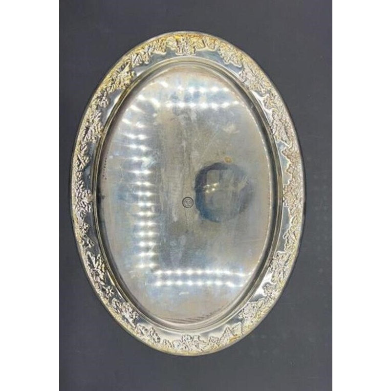 1980s Godinger Silver Plated Grape Oval Relish Tray w/ Glass Insert 16x12 VTG
