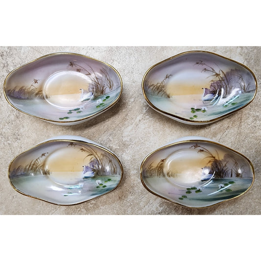 Set of 4 Vintage Hand Painted Nippon Nut Bowls – Gold Rim & Swan On Water Scene