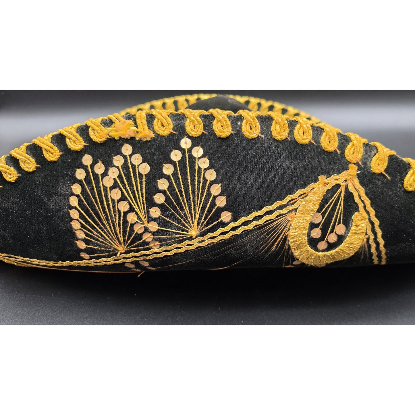 Authentic Vintage Mexican Sombrero Black Felt Gold Emb Sequin Detail 24x18x7.25
