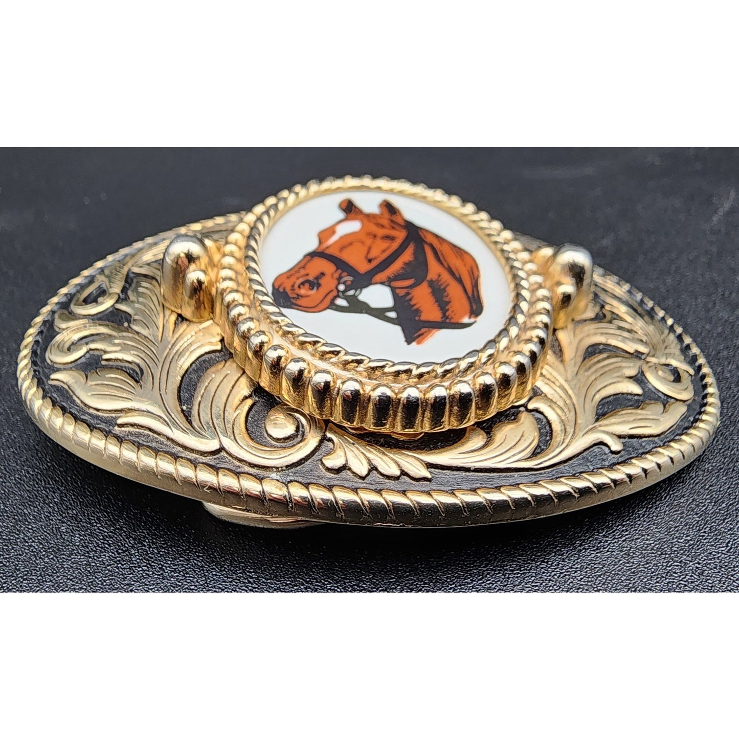 Vintage Brass Horse Head Belt Buckle with Porcelain Cameo 3.25" Western