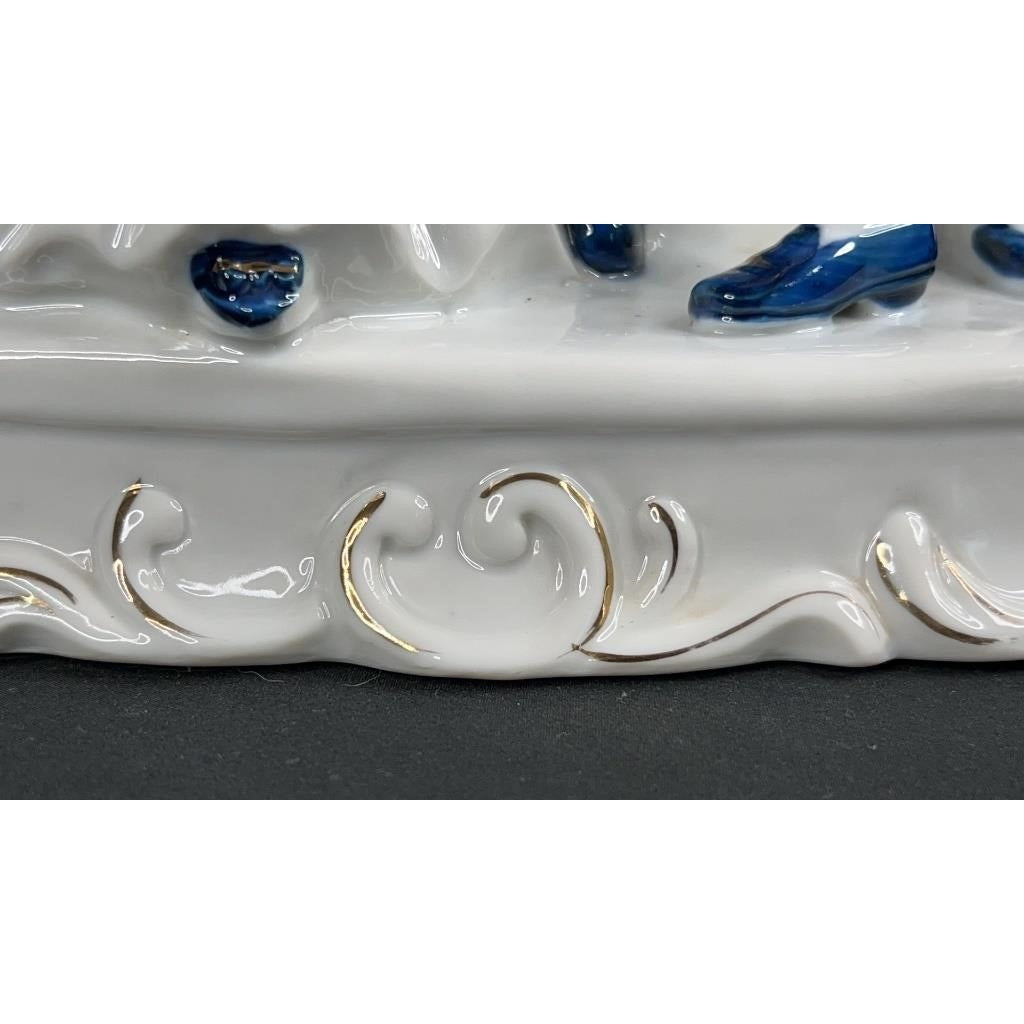 Victorian Style Blue White Porcelain Figurine Couple, Gold Accents, Hand Painted