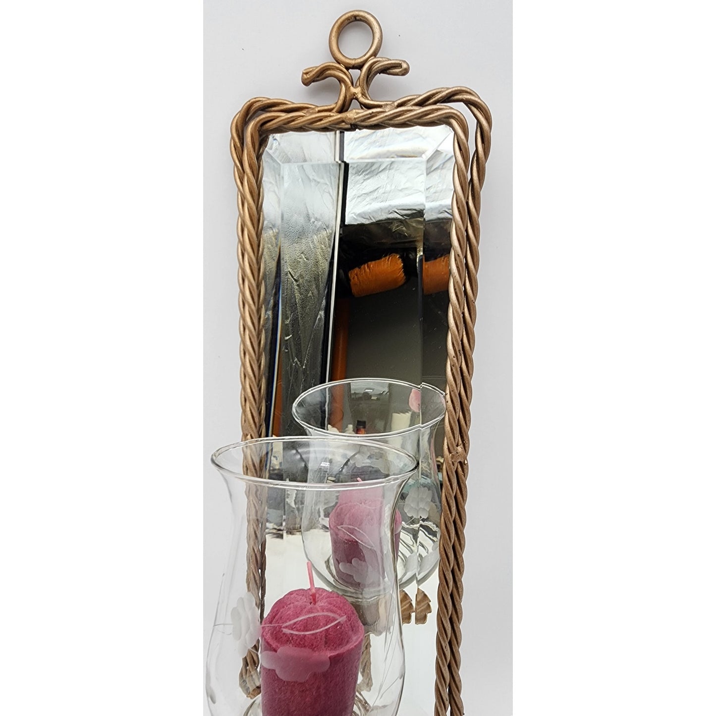 Antique Gold Wall Mirror Candle Holder – Etched Glass Hurricane w/ Purple Candle