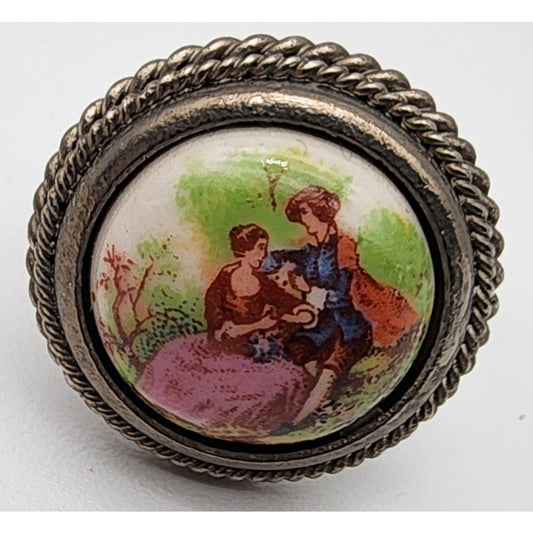 Vintage Italian Adjustable Ladies Ring Hand-Painted Scene Rope Border