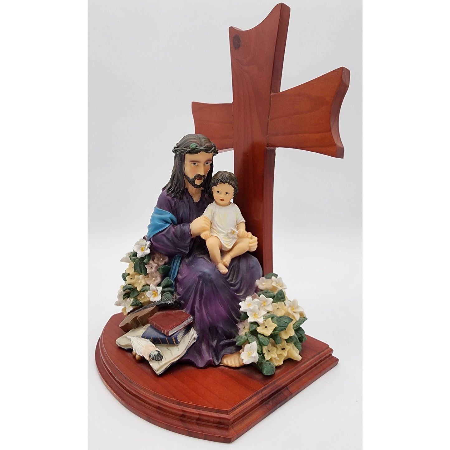 Jesus & Child Figurine w/ Cross, Violin, Books – 12.25" Hand Painted Wood Base
