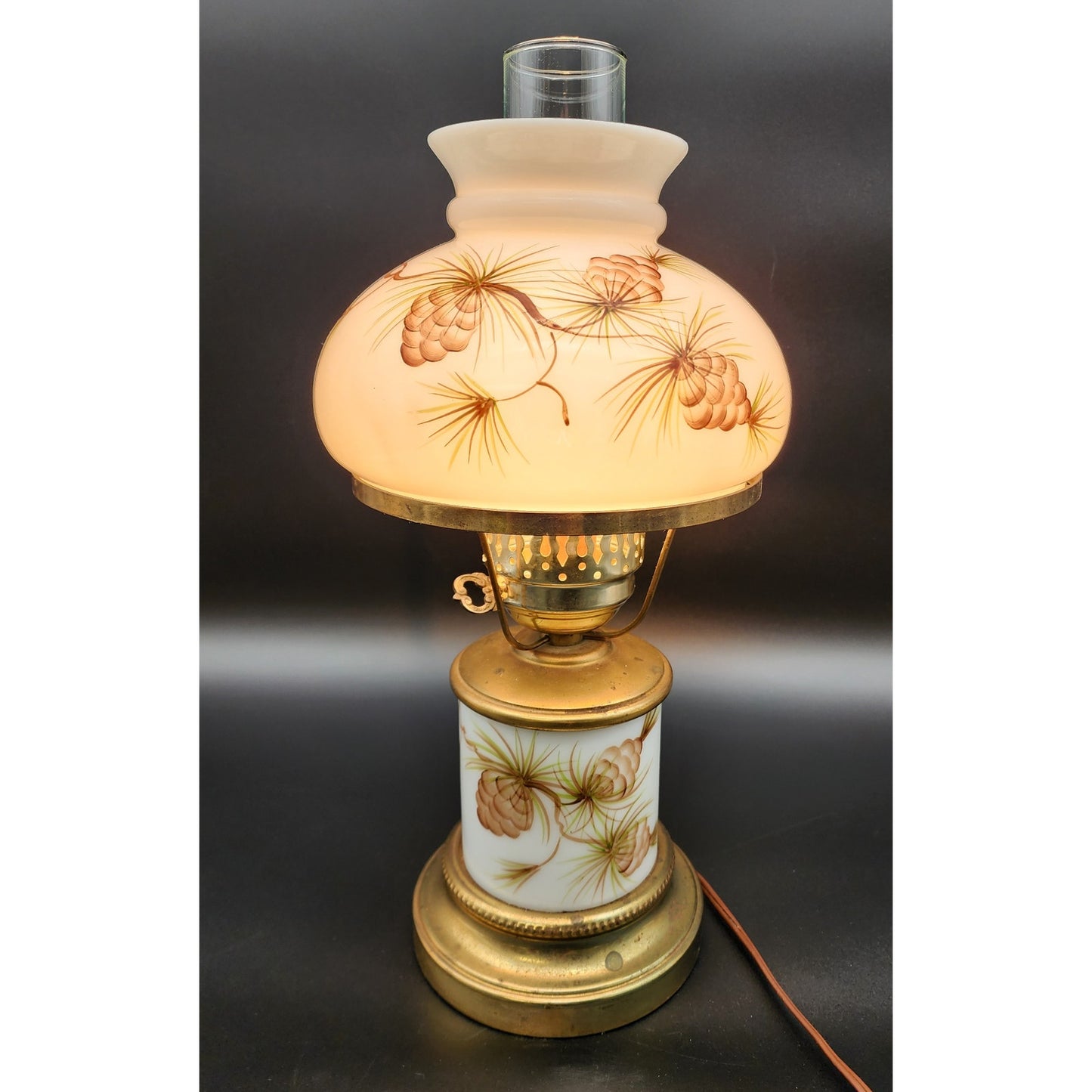 Vintage Brass Table Lamp w/ Hand‑Painted Pinecone Milk Glass Shade, 16.5"  Tall