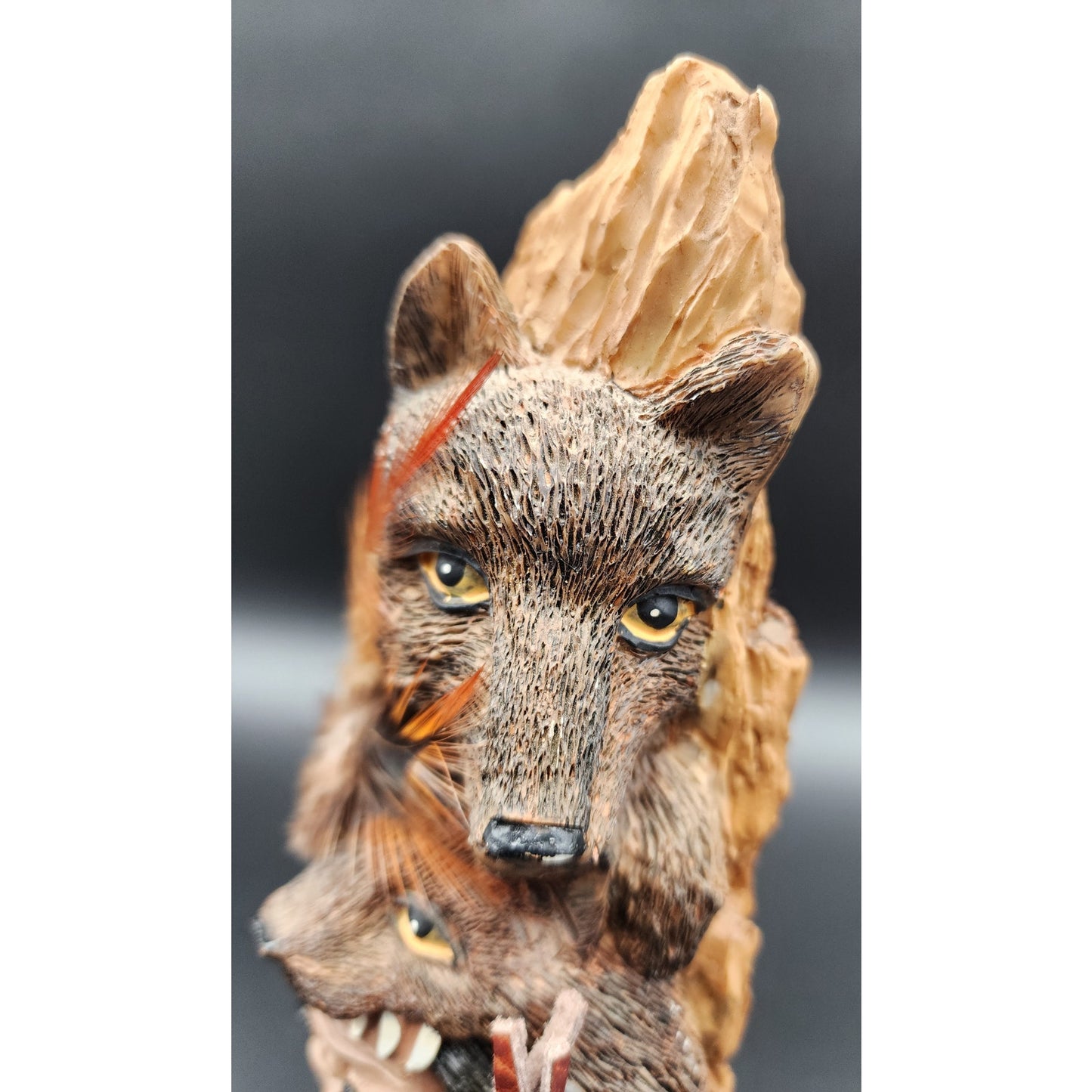 Native American Warrior Figurine w/ Wolf Fox Headdress Feathers Resin 10”