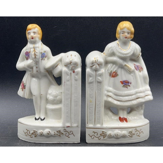 VTG Japanese Porcelain Colonial Man & Woman Bookends Hand-painted; 22K Gold Accent 5.25"