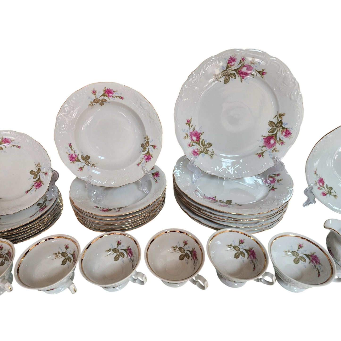 Vintage Wawel Pompadour Rose China 42 Pc Dinner Set Gold Gilded Rims Poland Made