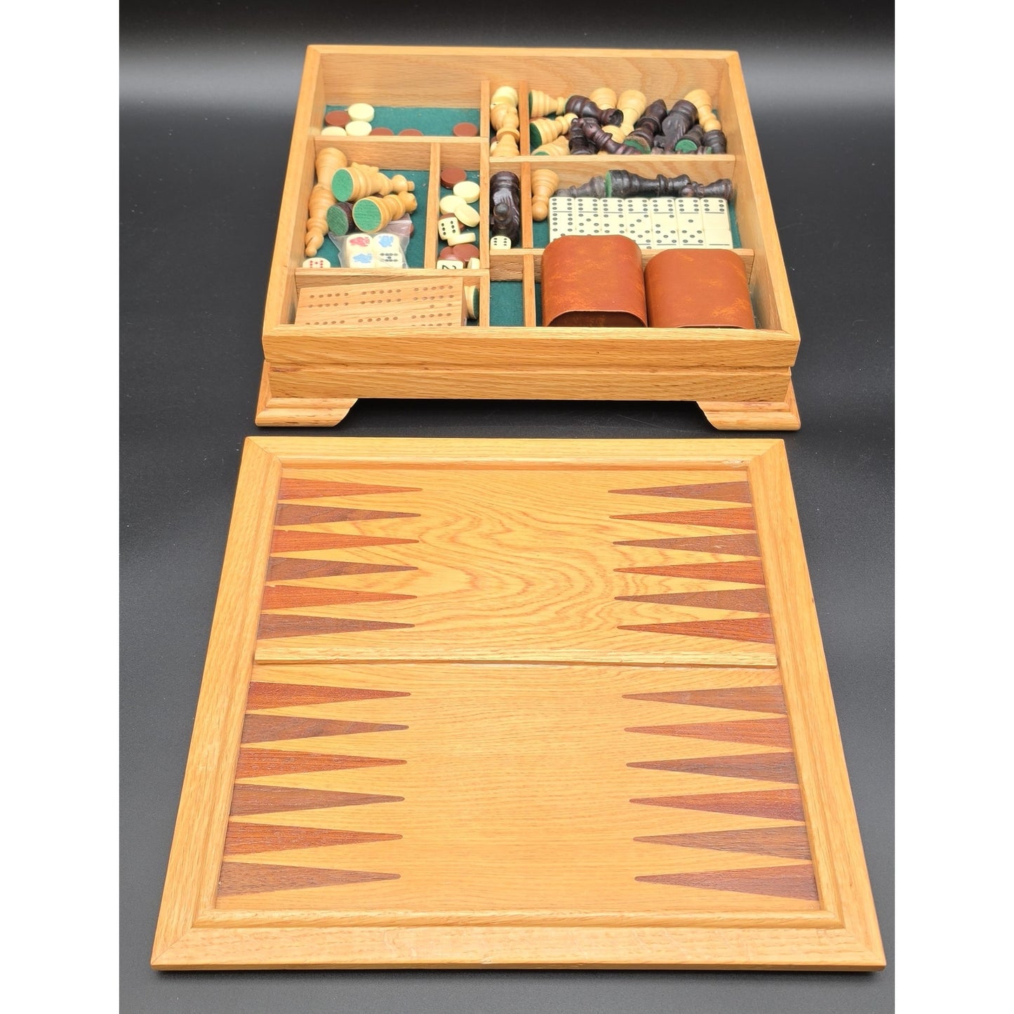 Vintage Wood Multi‑Game Set Chess Backgammon Cribbage Dominoes Dice 12x12