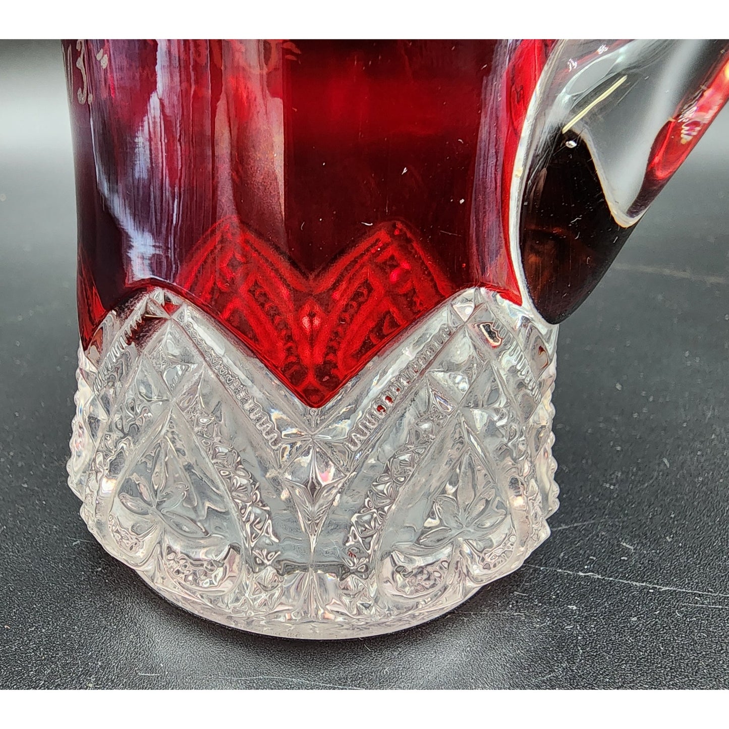 1903 Ruby Stained Cut Glass Pitcher Souvenir Etched Name 4.25” Antique