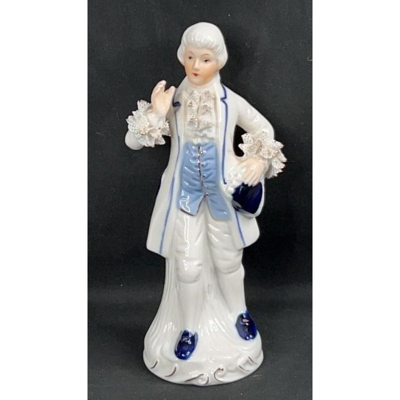 Victorian Style Blue White Porcelain Figurine Pair w/ Gold Accents Hand Painted