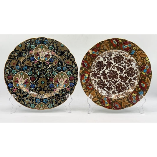 Pair Hand Painted Porcelain Plates Floral Gold Rim 8.25" & 8.5" Vintage Decor