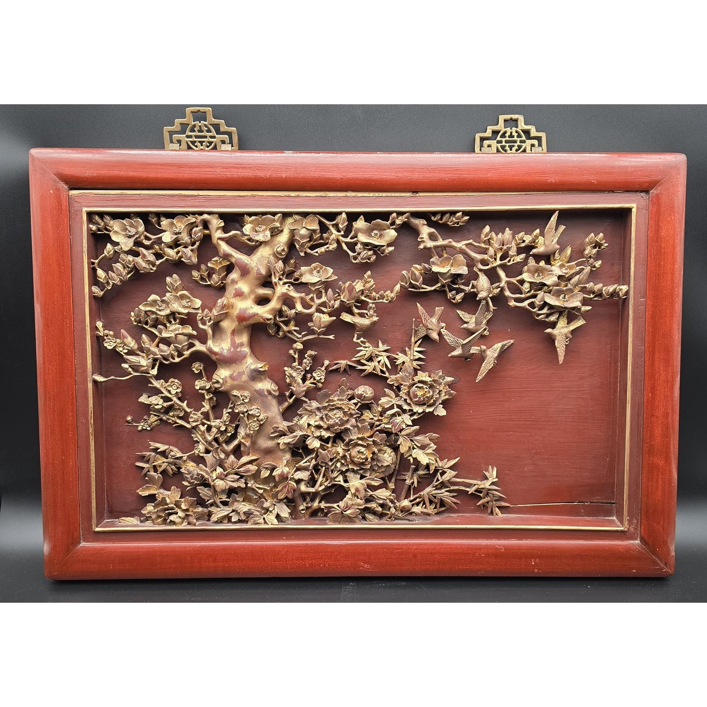 Vintage Chinese Carved Wood Panel & Header – Birds & Blossoms – Gold Detail - Rare