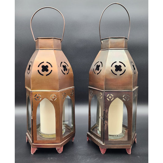 Pair Bronze Hexagon Metal Candle Lanterns w/ Glass Panels & Candles 18.5"