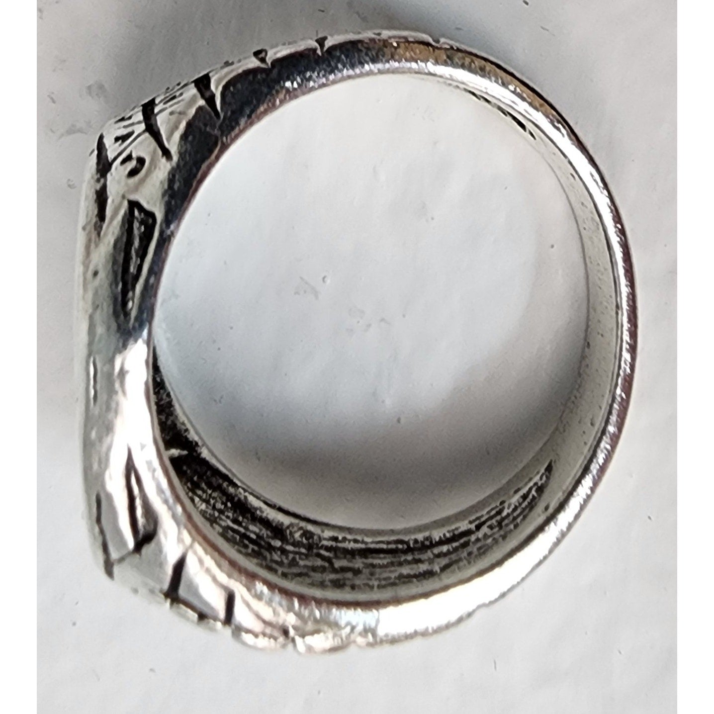 Silver Tone Geometric Ring Size 10.5 with Black Symbolic Design